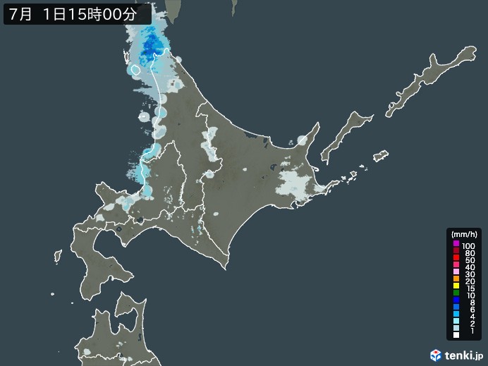 北海道地方の雨雲レーダー(2024年07月01日)