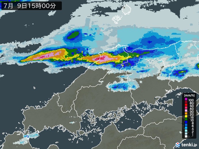 中国地方の雨雲レーダー(2024年07月09日)