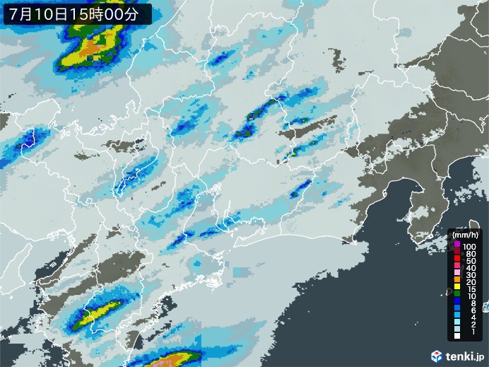 東海地方の雨雲レーダー(2024年07月10日)