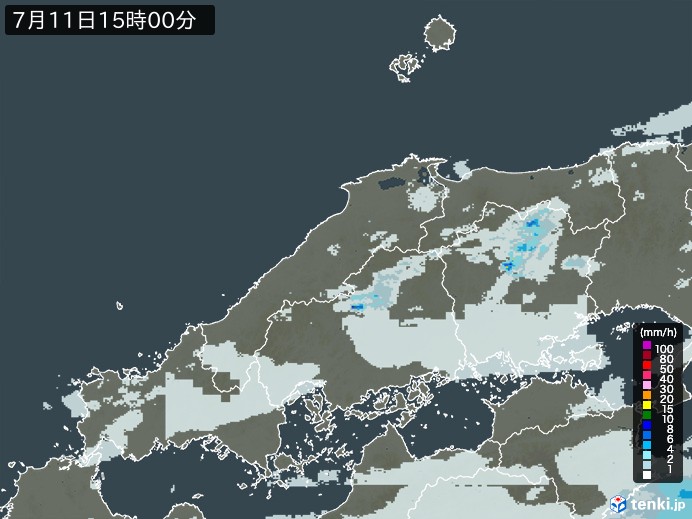 中国地方の雨雲レーダー(2024年07月11日)