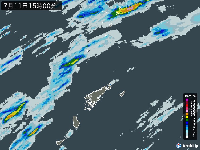 奄美諸島(鹿児島県)の雨雲レーダー(2024年07月11日)