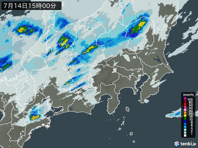 関東・甲信地方の雨雲レーダー(2024年07月14日)