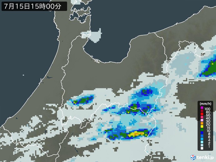 富山県の雨雲レーダー(2024年07月15日)