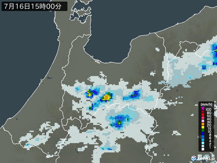 富山県の雨雲レーダー(2024年07月16日)