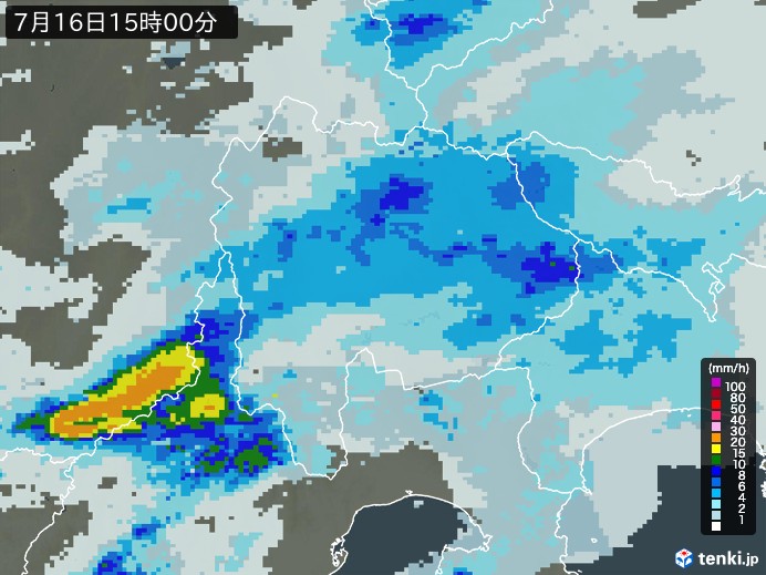 山梨県の雨雲レーダー(2024年07月16日)