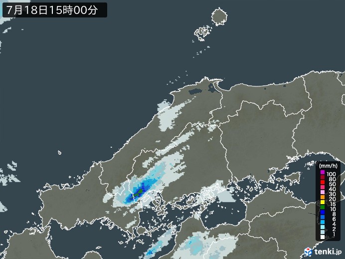 中国地方の雨雲レーダー(2024年07月18日)