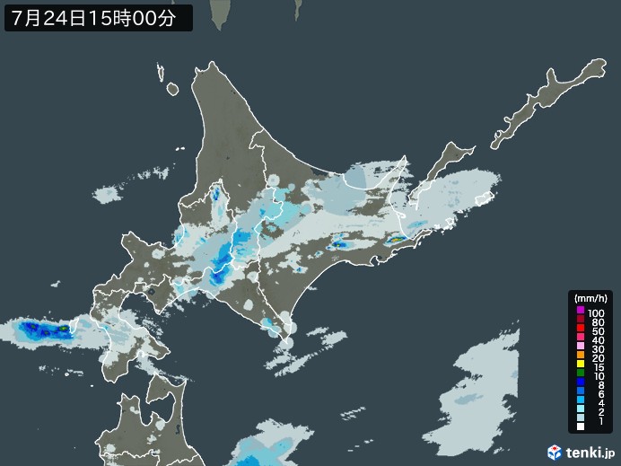 北海道地方の雨雲レーダー(2024年07月24日)