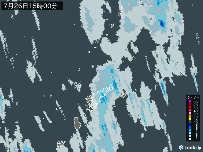 奄美諸島(鹿児島県)の雨雲レーダー(2024年07月26日)