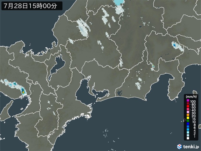 東海地方の雨雲レーダー(2024年07月28日)