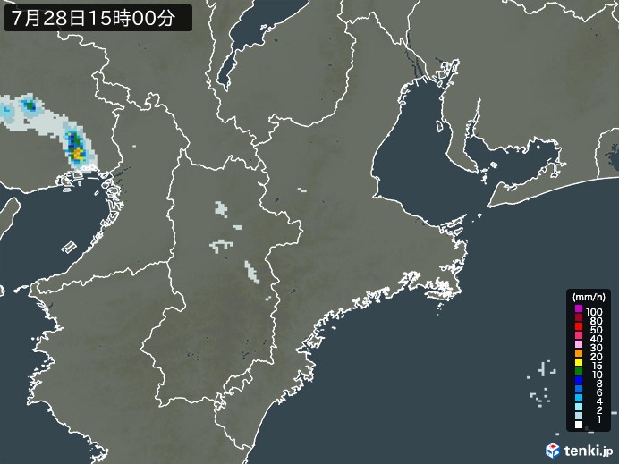 三重県の雨雲レーダー(2024年07月28日)