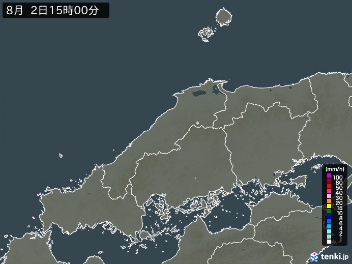 中国地方の雨雲レーダー(2024年08月02日)