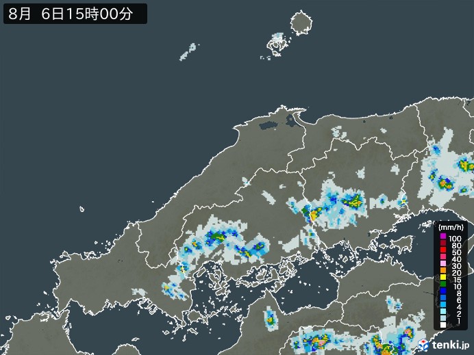 中国地方の雨雲レーダー(2024年08月06日)