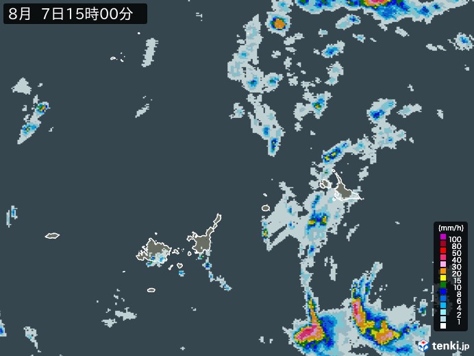 宮古・石垣・与那国(沖縄県)の雨雲レーダー(2024年08月07日)