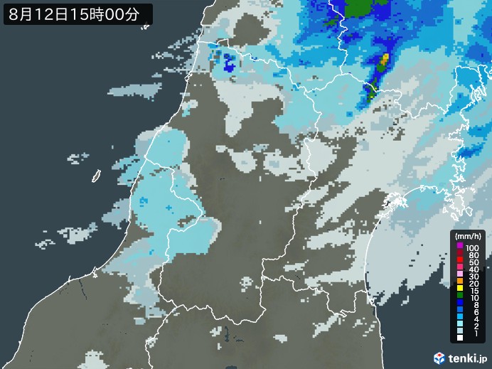 山形県の雨雲レーダー(2024年08月12日)