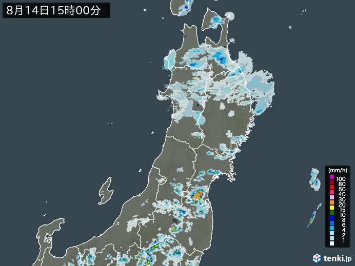 東北地方の雨雲レーダー(2024年08月14日)