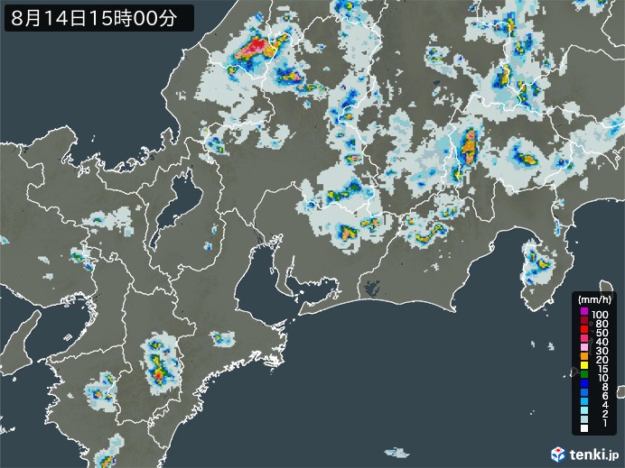東海地方の雨雲レーダー(2024年08月14日)