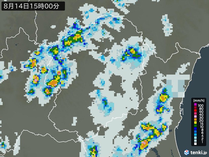 栃木県の雨雲レーダー(2024年08月14日)