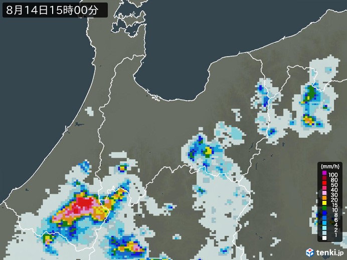 富山県の雨雲レーダー(2024年08月14日)