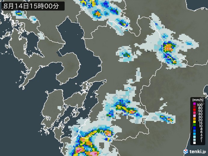 熊本県の雨雲レーダー(2024年08月14日)