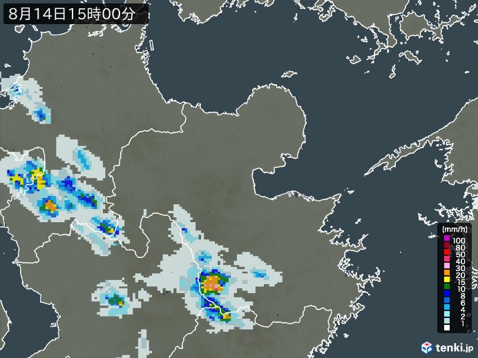 大分県の雨雲レーダー(2024年08月14日)