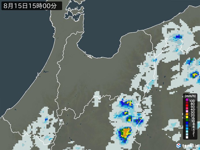 富山県の雨雲レーダー(2024年08月15日)