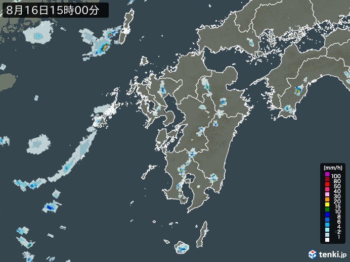 九州地方の雨雲レーダー(2024年08月16日)