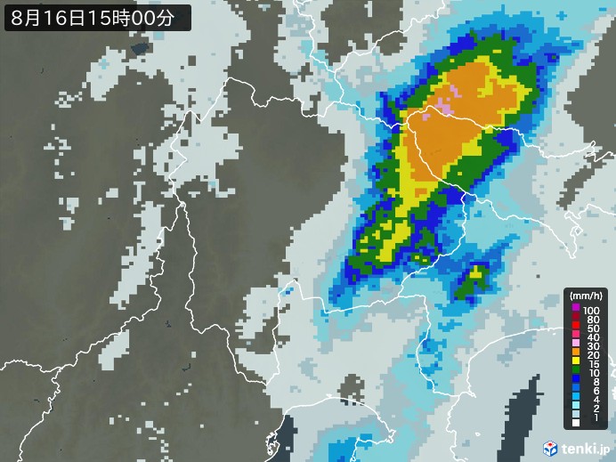 山梨県の雨雲レーダー(2024年08月16日)