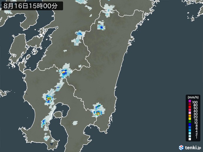 宮崎県の雨雲レーダー(2024年08月16日)