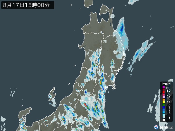 東北地方の雨雲レーダー(2024年08月17日)