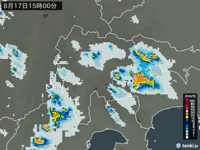 山梨県の雨雲レーダー(2024年08月17日)