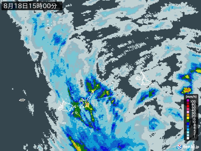 宮古・石垣・与那国(沖縄県)の雨雲レーダー(2024年08月18日)