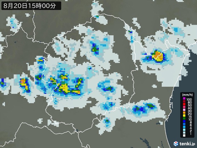 栃木県の雨雲レーダー(2024年08月20日)