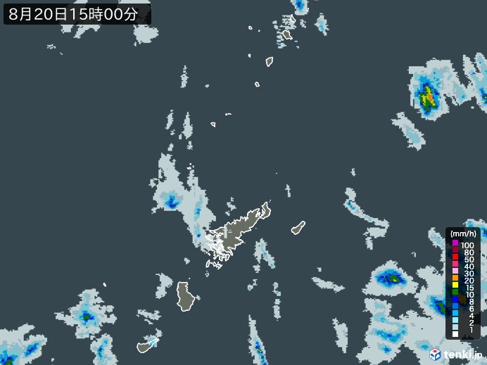奄美諸島(鹿児島県)の雨雲レーダー(2024年08月20日)