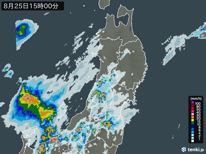東北地方の雨雲レーダー(2024年08月25日)