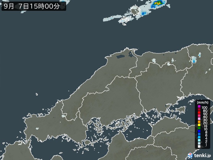 中国地方の雨雲レーダー(2024年09月07日)