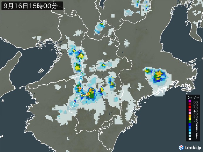 奈良県の雨雲レーダー(2024年09月16日)