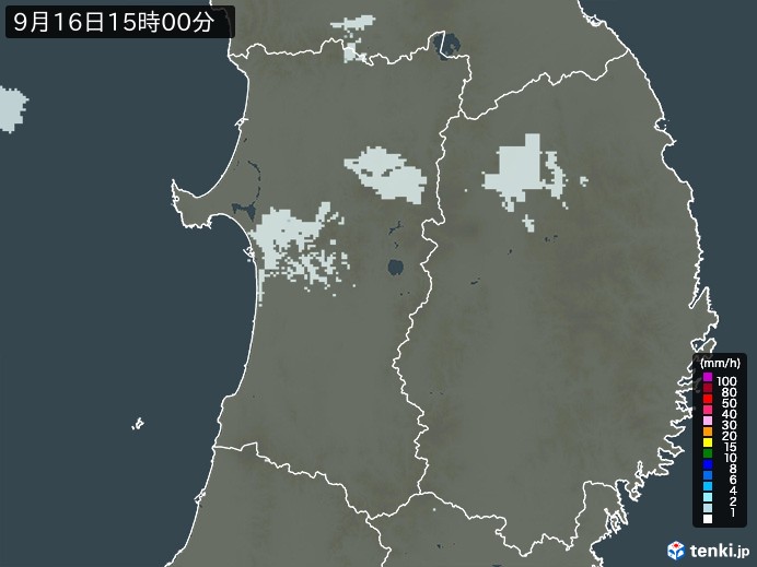 秋田県の雨雲レーダー(2024年09月16日)