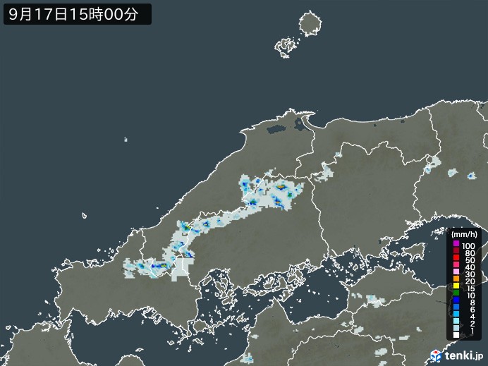 中国地方の雨雲レーダー(2024年09月17日)