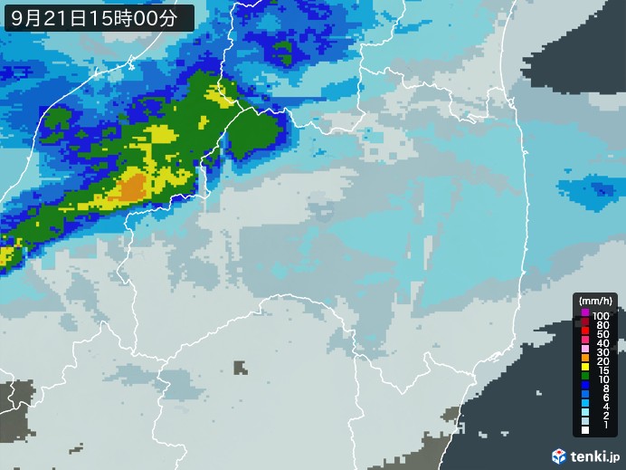 福島県の雨雲レーダー(2024年09月21日)