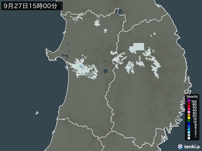 秋田県の雨雲レーダー(2024年09月27日)
