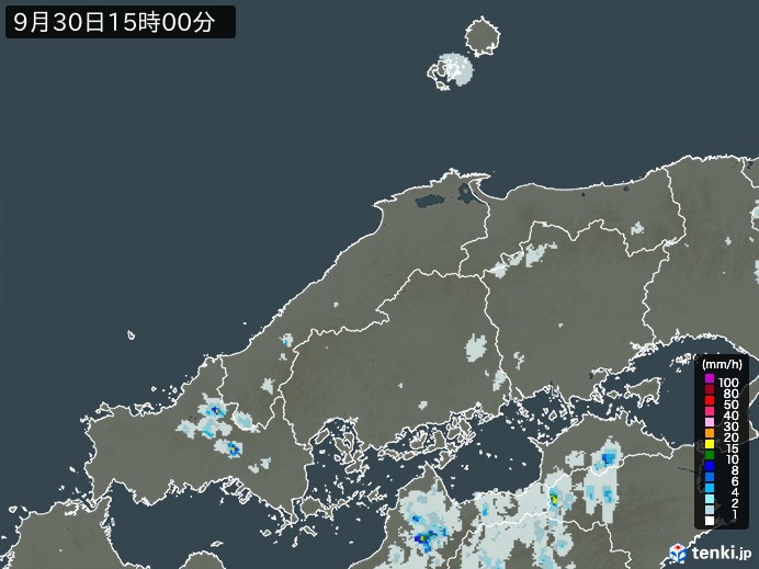 中国地方の雨雲レーダー(2024年09月30日)