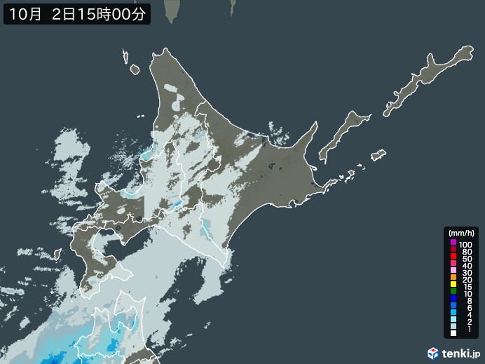 北海道地方の雨雲レーダー(2024年10月02日)
