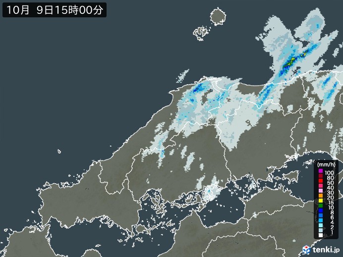 中国地方の雨雲レーダー(2024年10月09日)