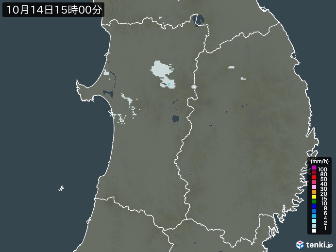 秋田県の雨雲レーダー(2024年10月14日)