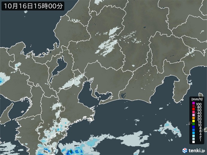 東海地方の雨雲レーダー(2024年10月16日)