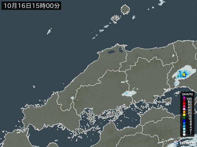 中国地方の雨雲レーダー(2024年10月16日)