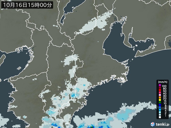 三重県の雨雲レーダー(2024年10月16日)