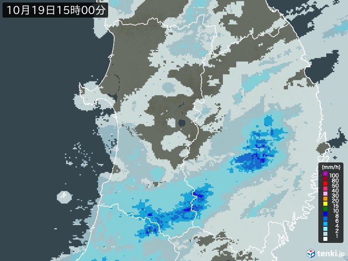 秋田県の雨雲レーダー(2024年10月19日)