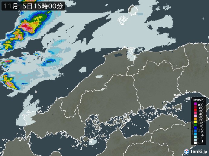 中国地方の雨雲レーダー(2024年11月05日)