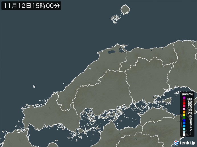 中国地方の雨雲レーダー(2024年11月12日)